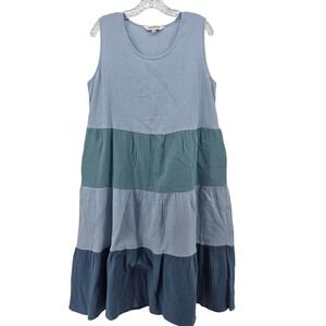 Davi & Dani Tiered Gauze Dress Large Blue Green Lightweight Summer Beach